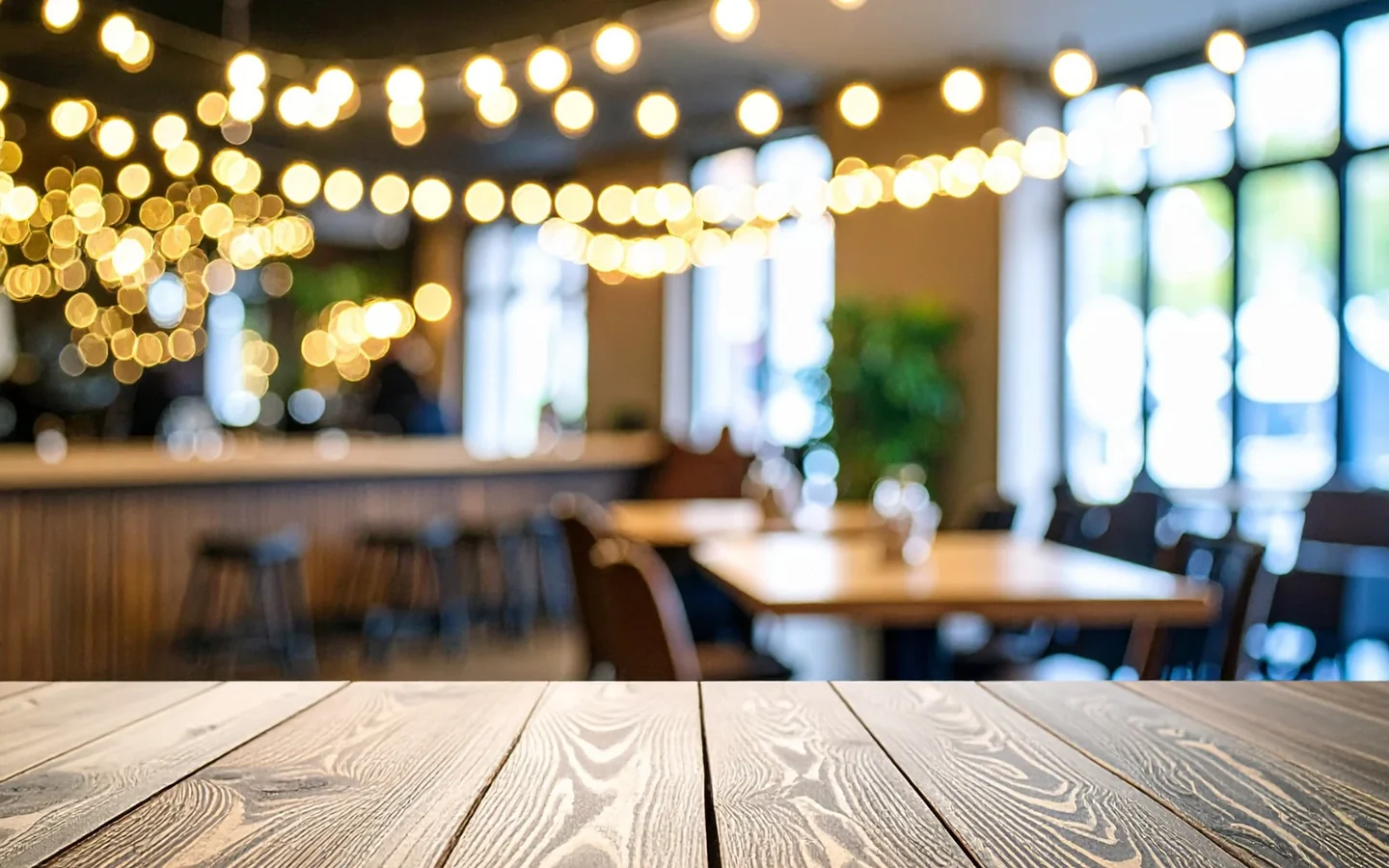 Table en bois devant une salle et ses guirlandes lumineuses · photo d'illustration